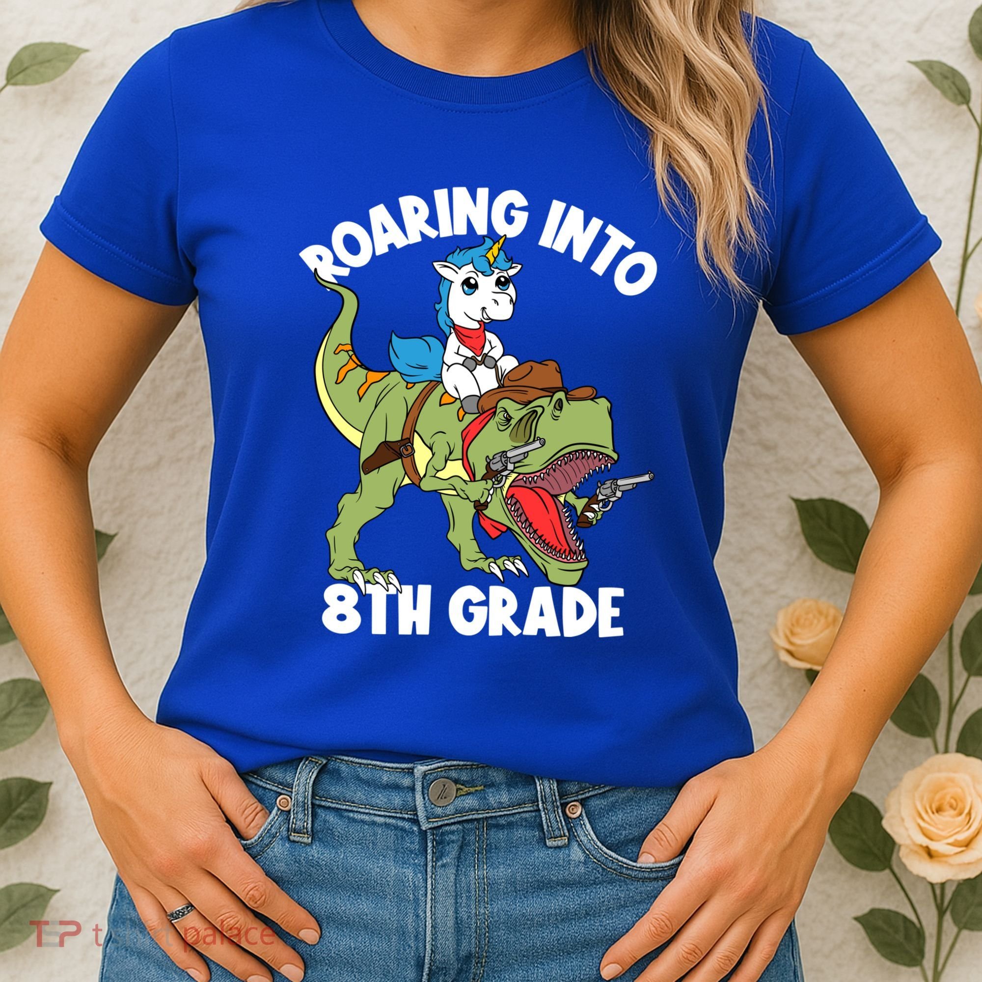 Roaring Into 8th Grade Unicorn Riding Dinosaur Gift Women's T-Shirt
