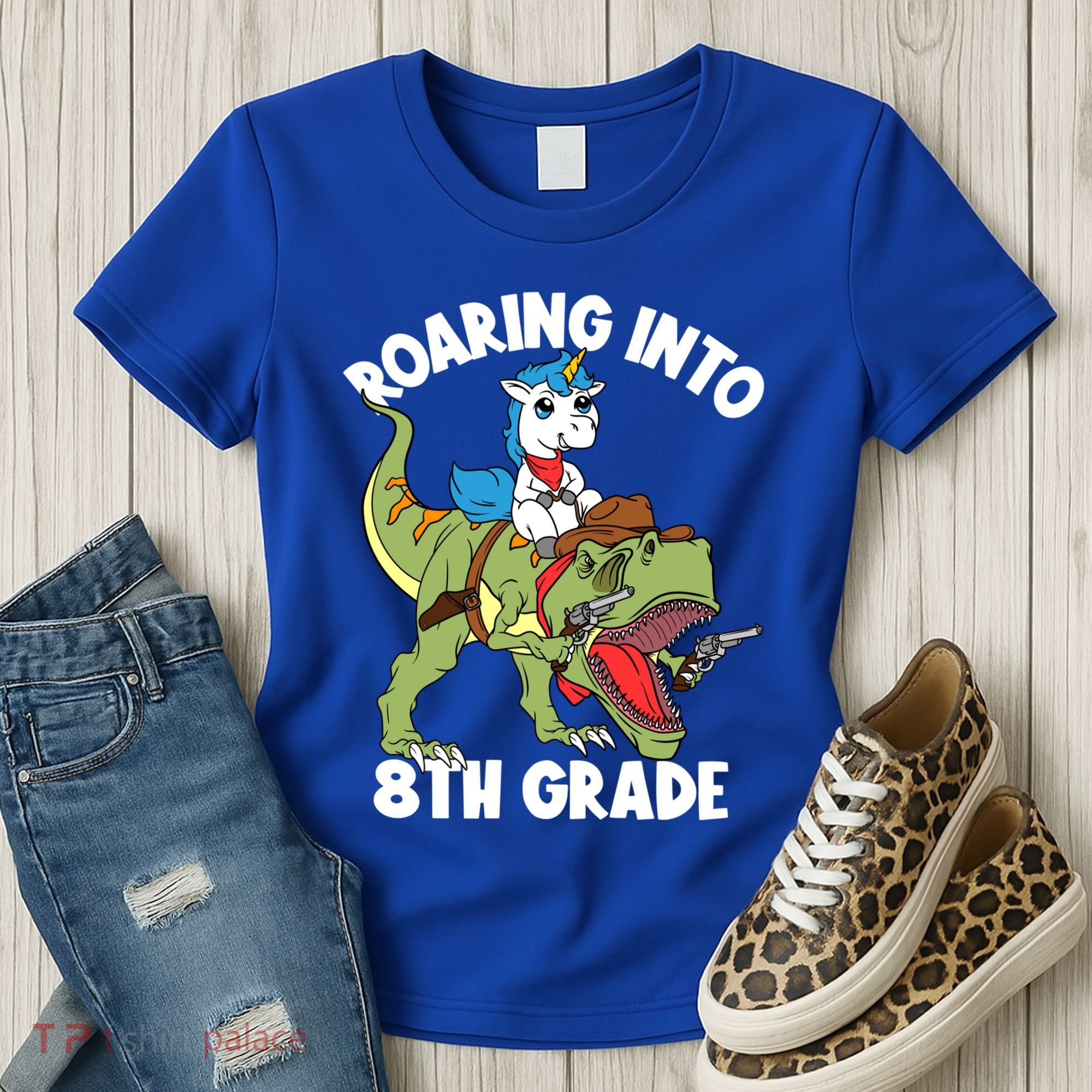 Roaring Into 8th Grade Unicorn Riding Dinosaur Gift Women's T-Shirt