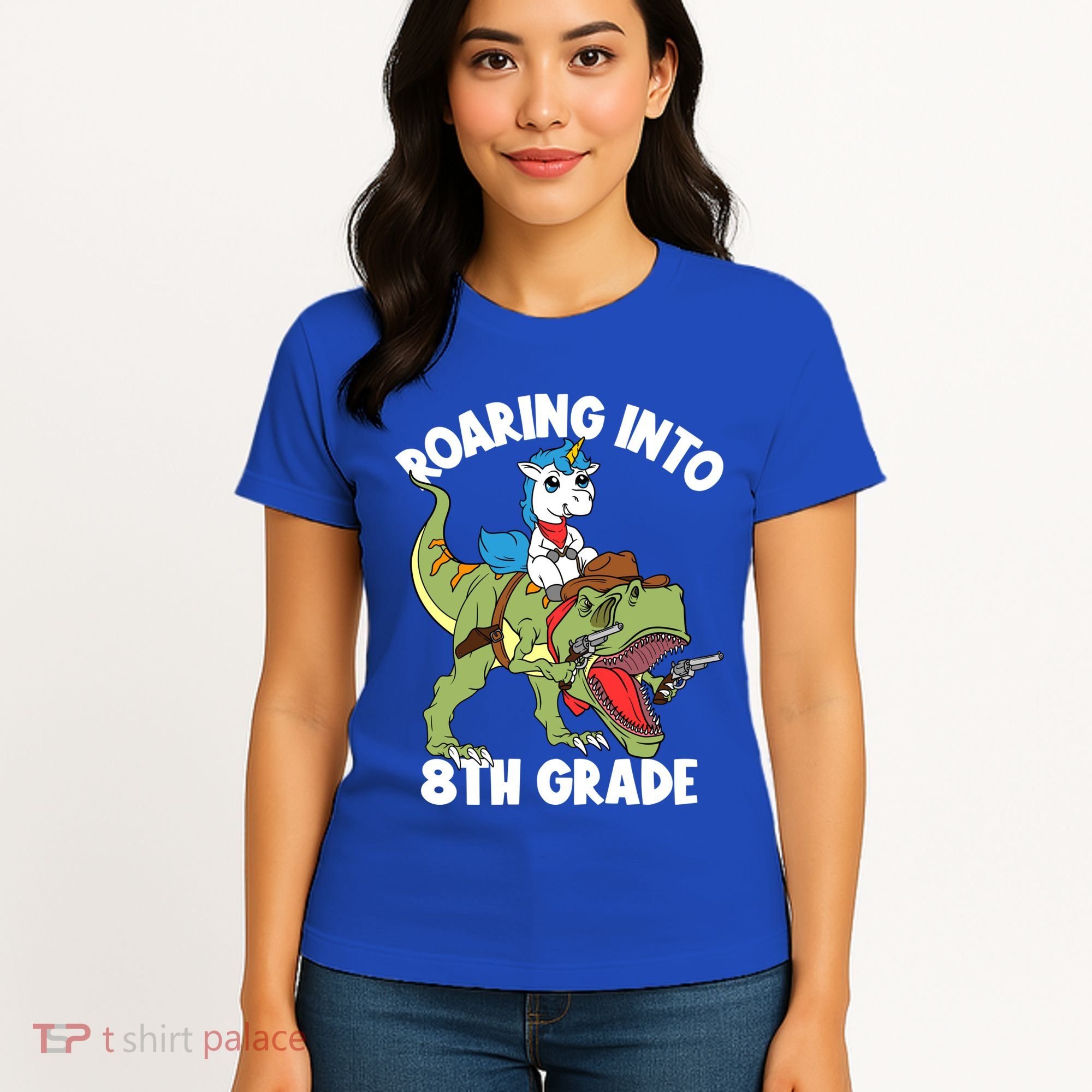 Roaring Into 8th Grade Unicorn Riding Dinosaur Gift Women's T-Shirt