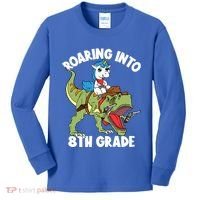 Roaring Into 8th Grade Unicorn Riding Dinosaur Gift Kids Long Sleeve Shirt thumb 0