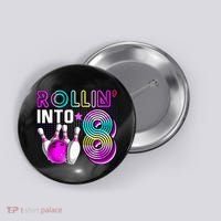 Rollin Into 8 Bowling Birthday Party 8th Birthday Retro Girl Button thumb 0