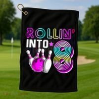 Rollin Into 8 Bowling Birthday Party 8th Birthday Retro Girl Golf Towel thumb 1