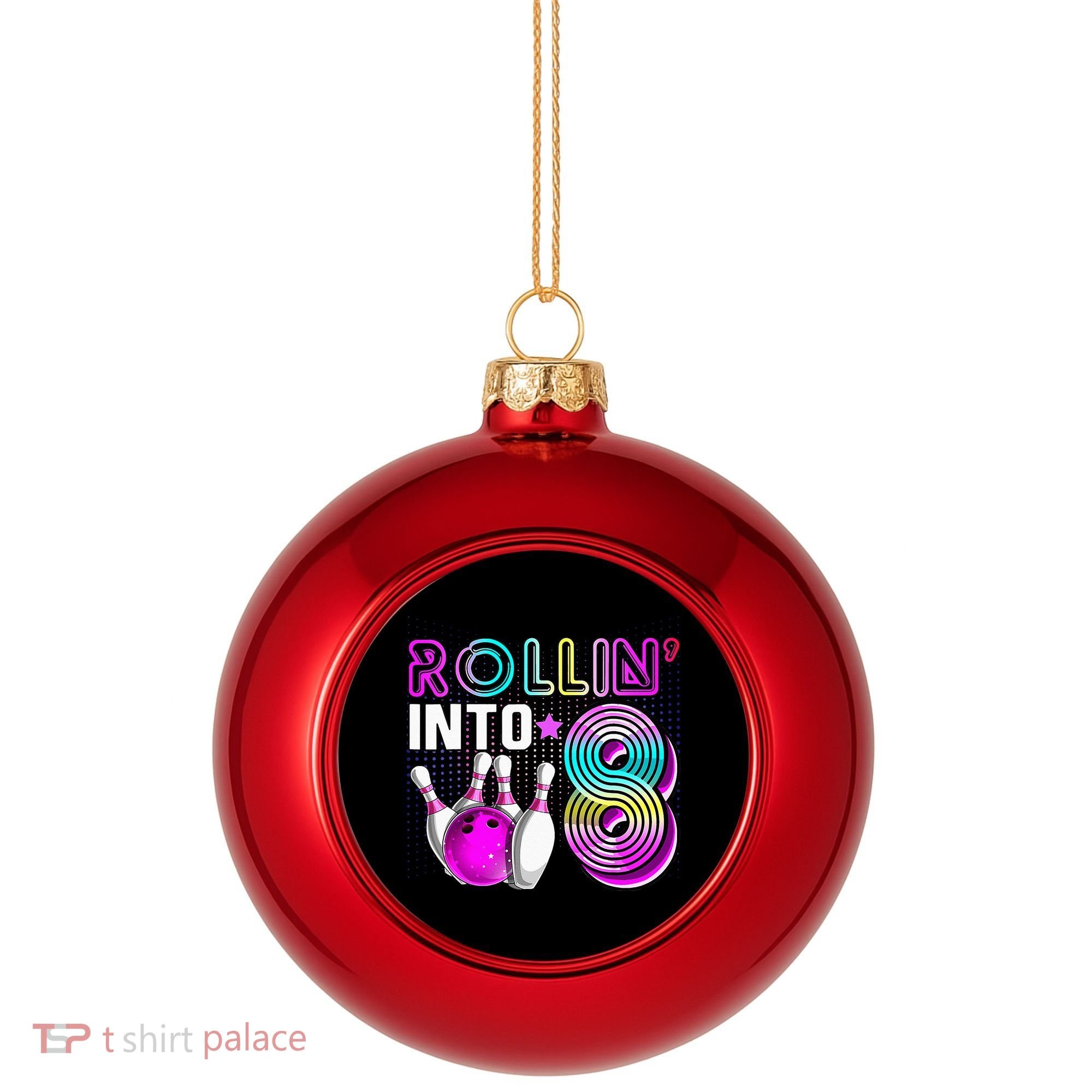Rollin Into 8 Bowling Birthday Party 8th Birthday Retro Girl Plastic Christmas Ball Ornament