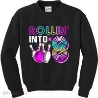 Rollin Into 8 Bowling Birthday Party 8th Birthday Retro Girl Kids Sweatshirt thumb 0