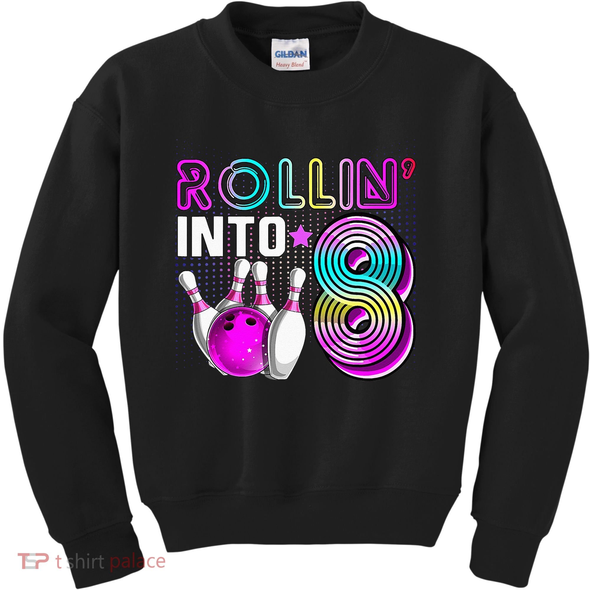 Rollin Into 8 Bowling Birthday Party 8th Birthday Retro Girl Kids Sweatshirt