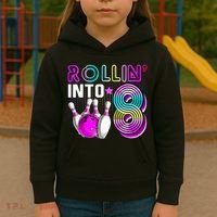 Rollin Into 8 Bowling Birthday Party 8th Birthday Retro Girl Kids Hoodie thumb 3