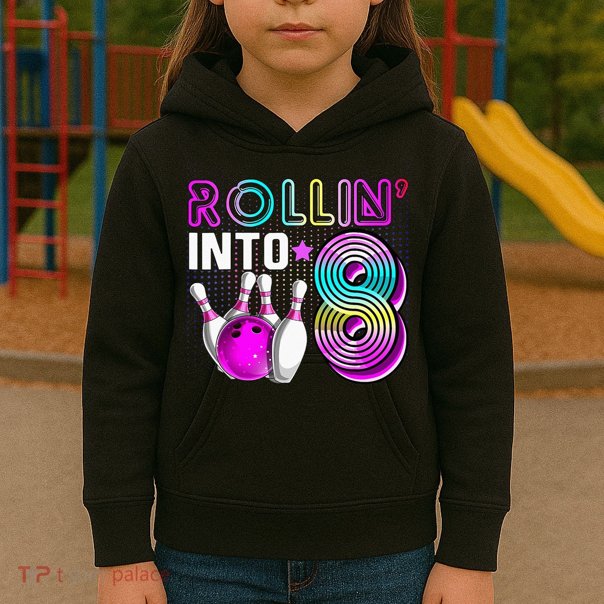 Rollin Into 8 Bowling Birthday Party 8th Birthday Retro Girl Kids Hoodie