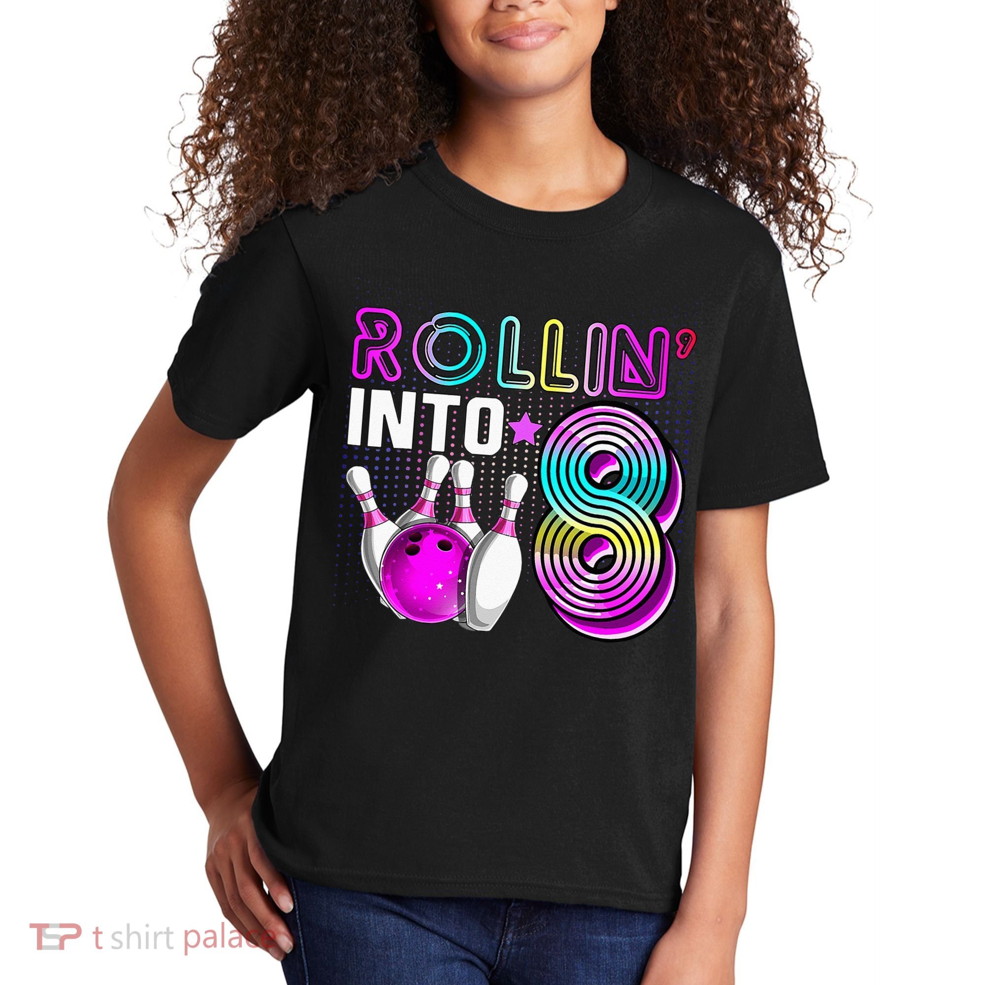Rollin Into 8 Bowling Birthday Party 8th Birthday Retro Girl Kids T-Shirt