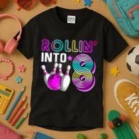 Rollin Into 8 Bowling Birthday Party 8th Birthday Retro Girl Kids T-Shirt thumb 3