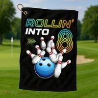 Rollin Into 8 Retro Bowling Birthday Party 8th Birthday Golf Towel thumb 1