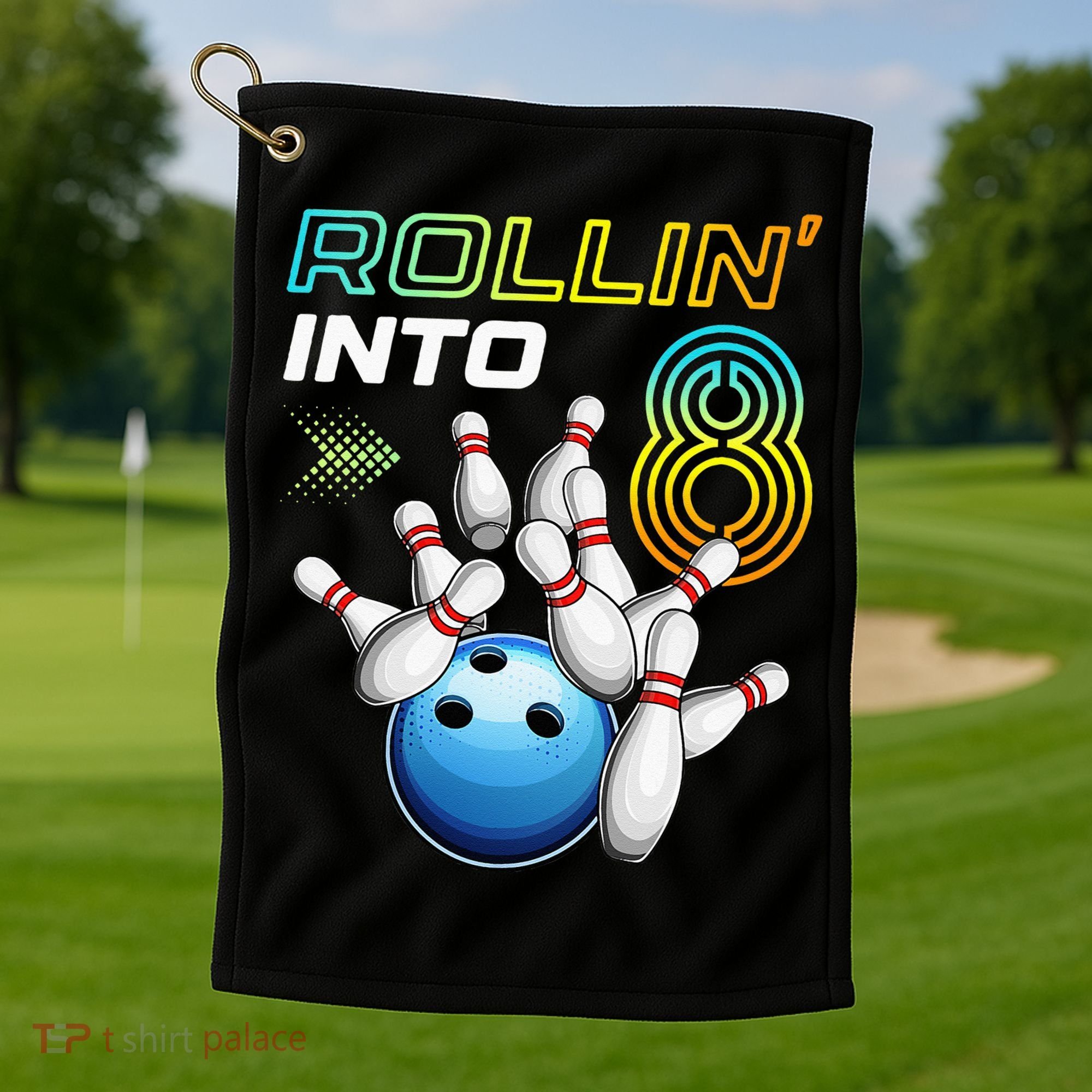 Rollin Into 8 Retro Bowling Birthday Party 8th Birthday Golf Towel
