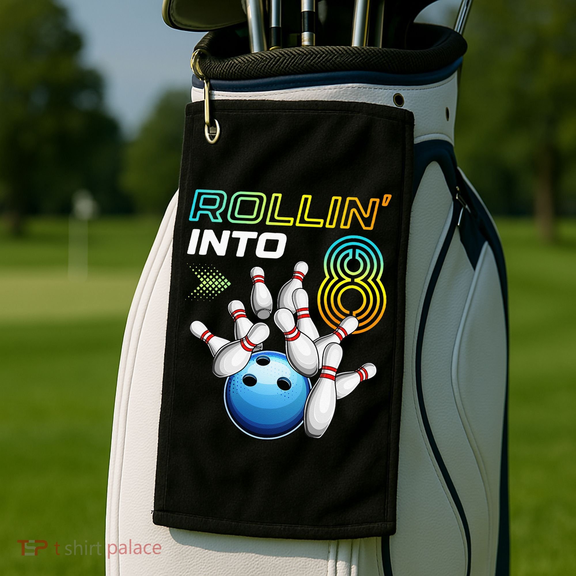 Rollin Into 8 Retro Bowling Birthday Party 8th Birthday Golf Towel
