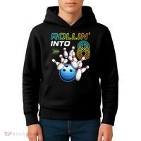 Rollin Into 8 Retro Bowling Birthday Party 8th Birthday Kids Hoodie thumb 4