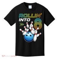 Rollin Into 8 Retro Bowling Birthday Party 8th Birthday Kids T-Shirt thumb 0
