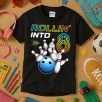 Rollin Into 8 Retro Bowling Birthday Party 8th Birthday Kids T-Shirt thumb 3