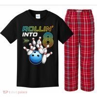Rollin Into 8 Retro Bowling Birthday Party 8th Birthday Kids Plaid Pajama Set thumb 0