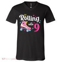 Rolling Into 9 Birthday Roller Skates 9th Birthday V-Neck T-Shirt thumb 0