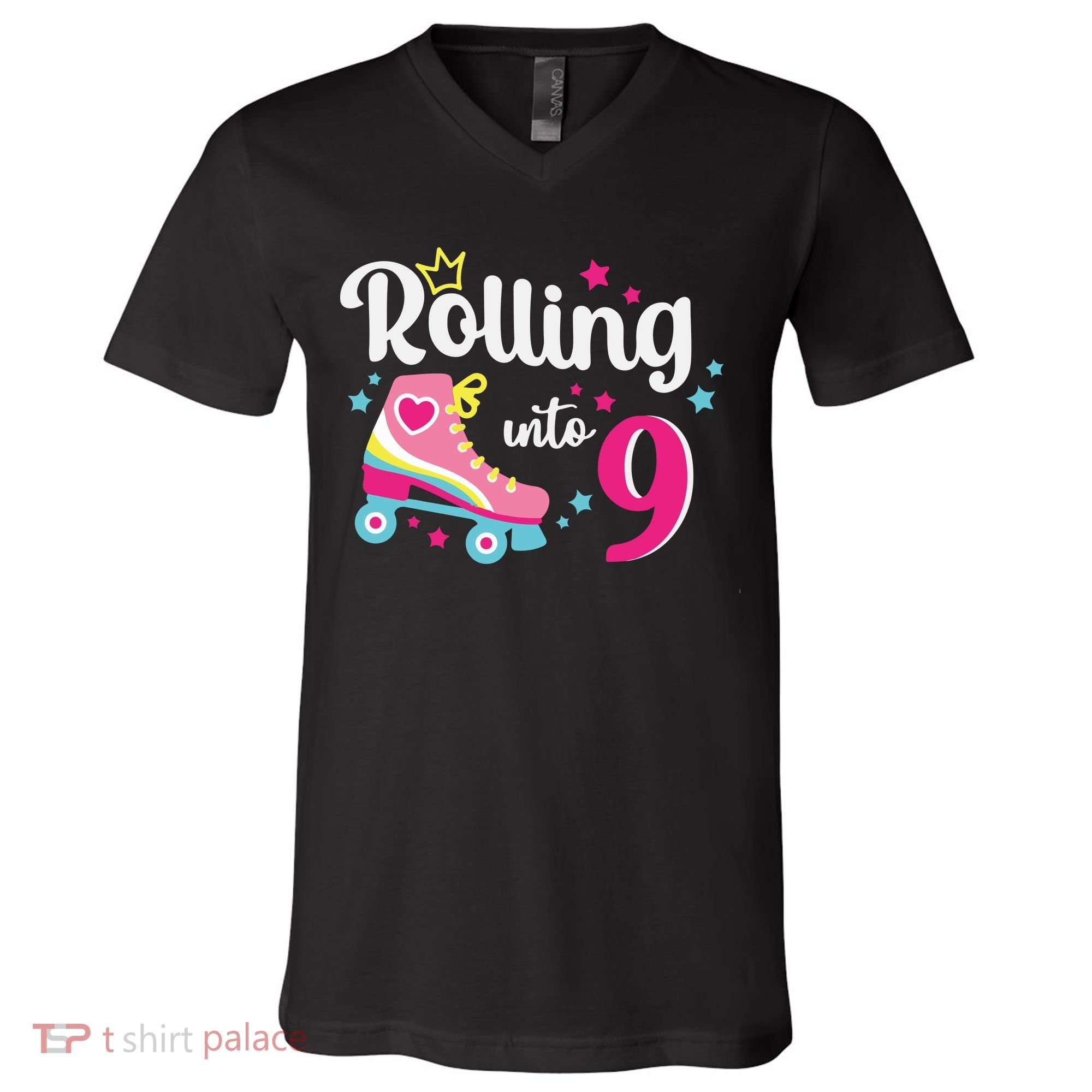 Rolling Into 9 Birthday Roller Skates 9th Birthday V-Neck T-Shirt