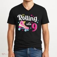 Rolling Into 9 Birthday Roller Skates 9th Birthday V-Neck T-Shirt thumb 2