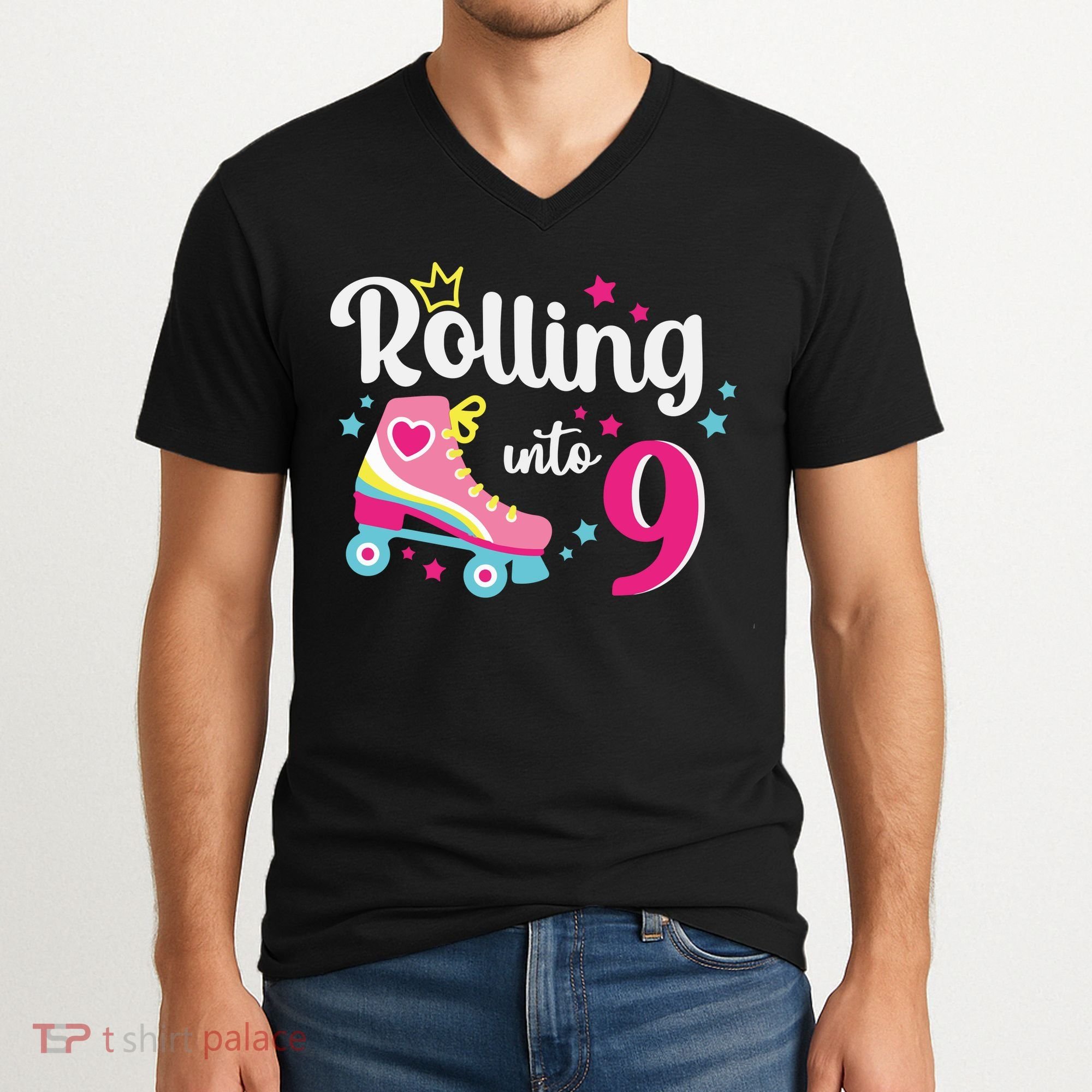 Rolling Into 9 Birthday Roller Skates 9th Birthday V-Neck T-Shirt
