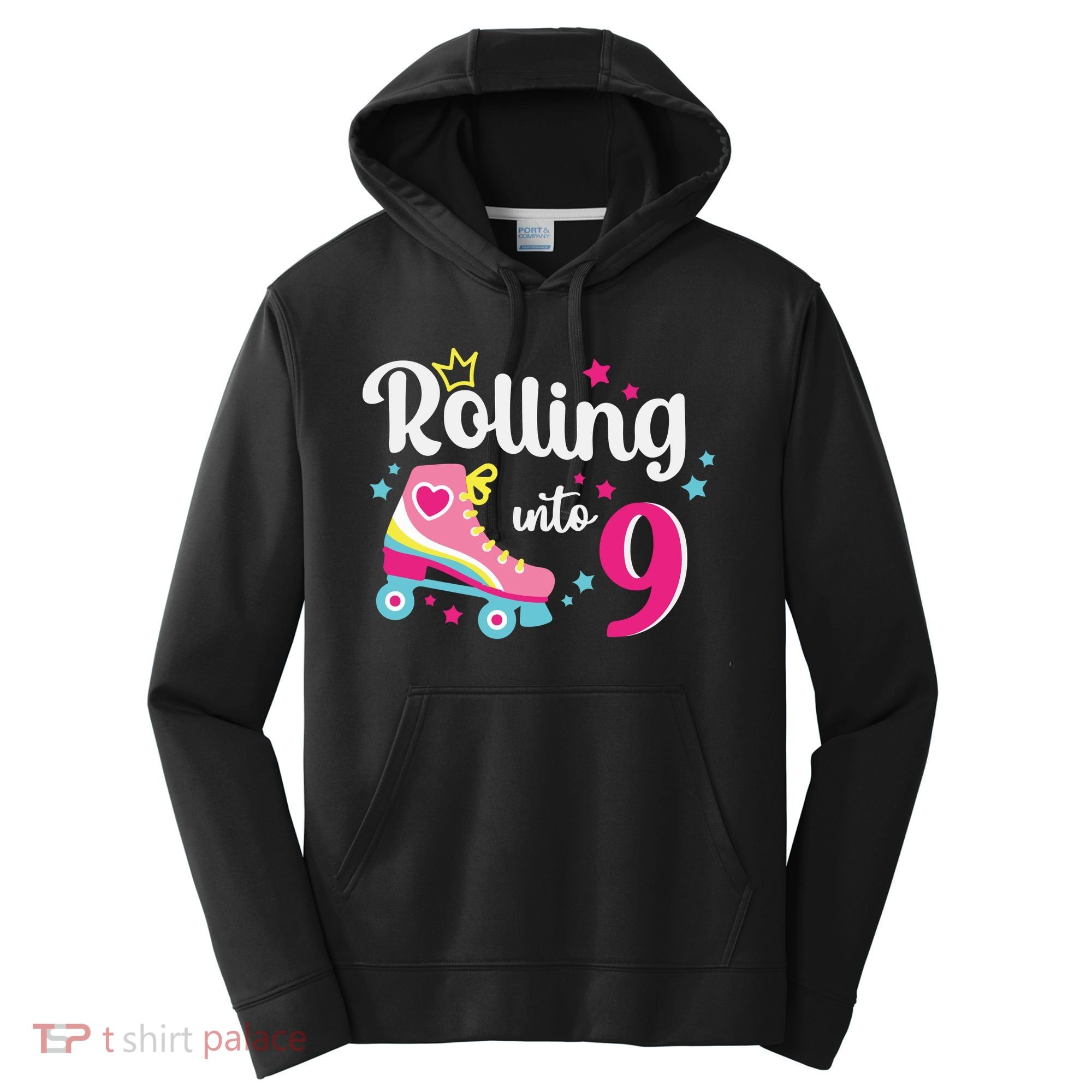 Rolling Into 9 Birthday Roller Skates 9th Birthday Performance Fleece Hoodie