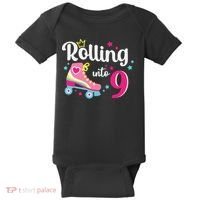 Rolling Into 9 Birthday Roller Skates 9th Birthday Baby Bodysuit thumb 0