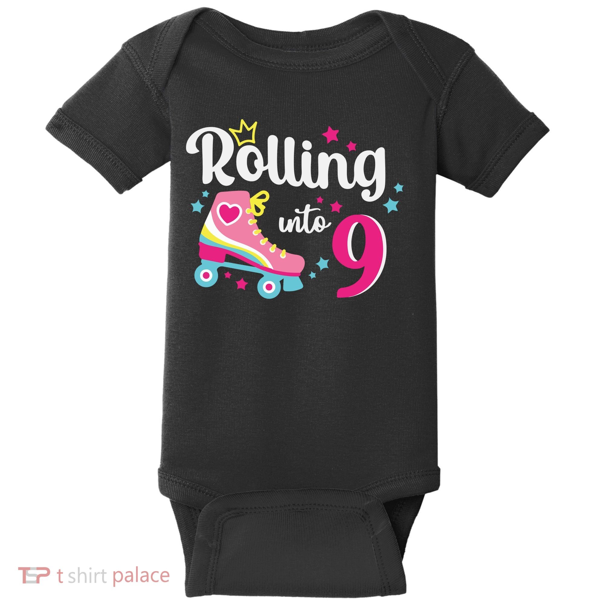 Rolling Into 9 Birthday Roller Skates 9th Birthday Baby Bodysuit