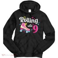 Rolling Into 9 Birthday Roller Skates 9th Birthday Tie Dye Hoodie thumb 0
