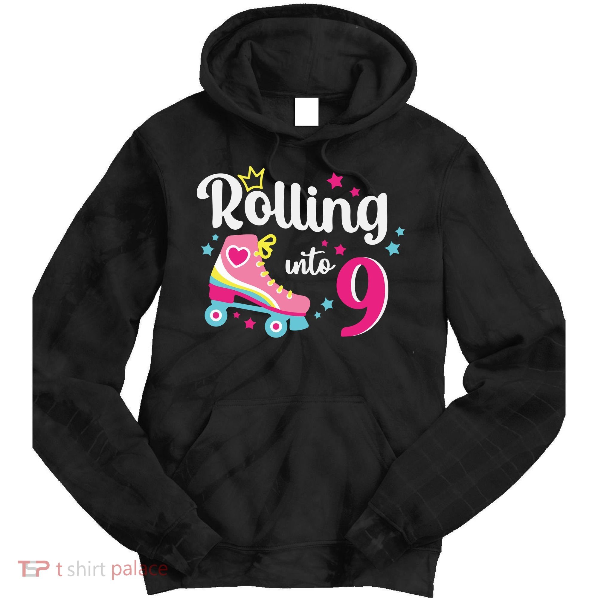 Rolling Into 9 Birthday Roller Skates 9th Birthday Tie Dye Hoodie