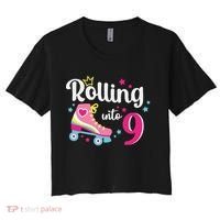 Rolling Into 9 Birthday Roller Skates 9th Birthday Women's Crop Top Tee thumb 0
