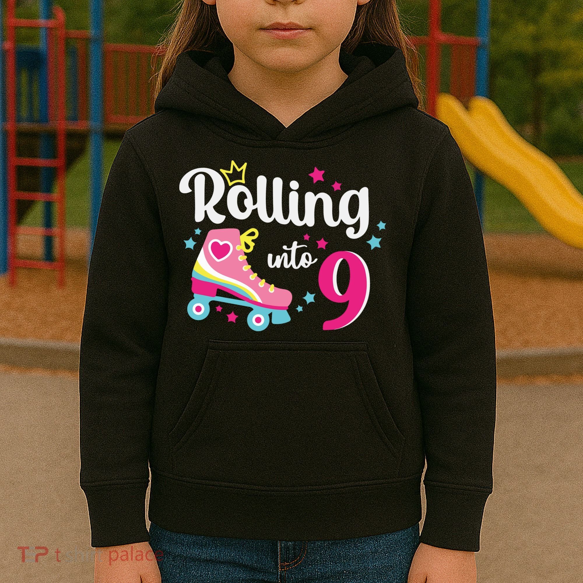 Rolling Into 9 Birthday Roller Skates 9th Birthday Kids Hoodie