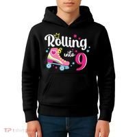 Rolling Into 9 Birthday Roller Skates 9th Birthday Kids Hoodie thumb 4