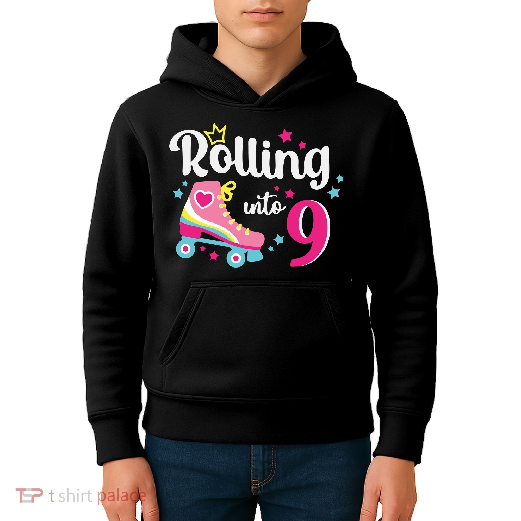 Rolling Into 9 Birthday Roller Skates 9th Birthday Kids Hoodie