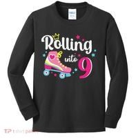 Rolling Into 9 Birthday Roller Skates 9th Birthday Kids Long Sleeve Shirt thumb 0