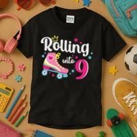 Rolling Into 9 Birthday Roller Skates 9th Birthday Kids T-Shirt thumb 3