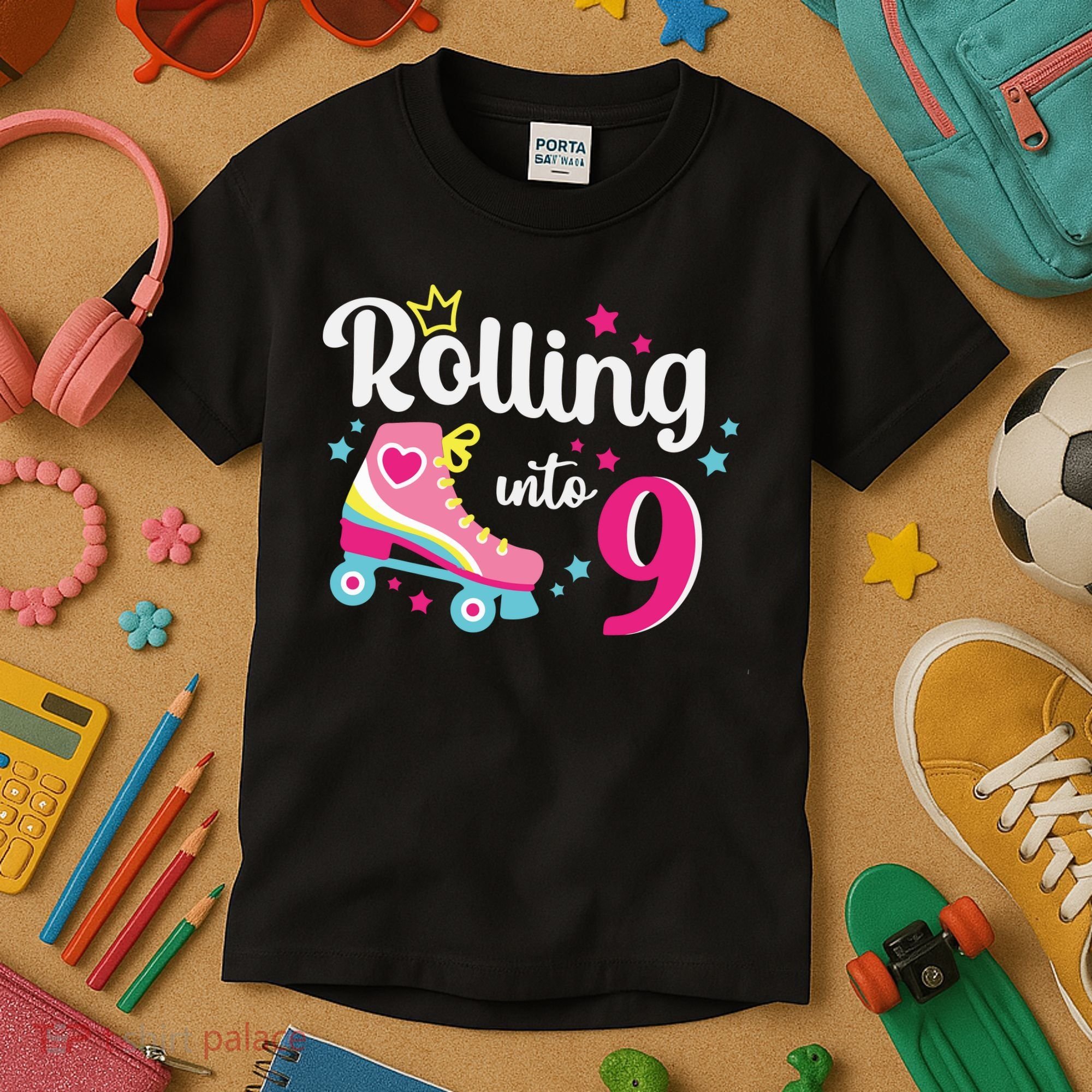 Rolling Into 9 Birthday Roller Skates 9th Birthday Kids T-Shirt