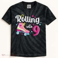 Rolling Into 9 Birthday Roller Skates 9th Birthday Kids Tie-Dye T-Shirt thumb 0