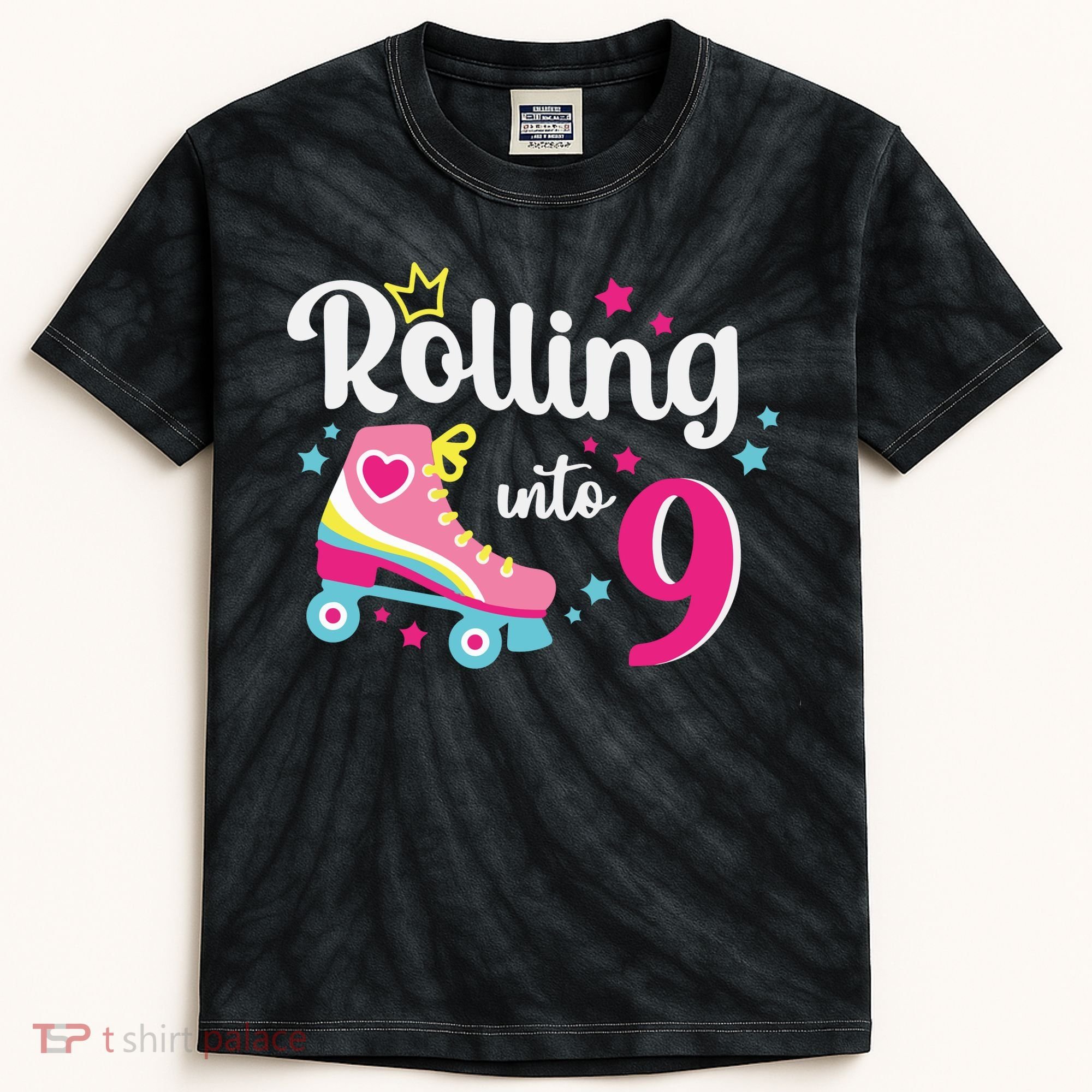 Rolling Into 9 Birthday Roller Skates 9th Birthday Kids Tie-Dye T-Shirt