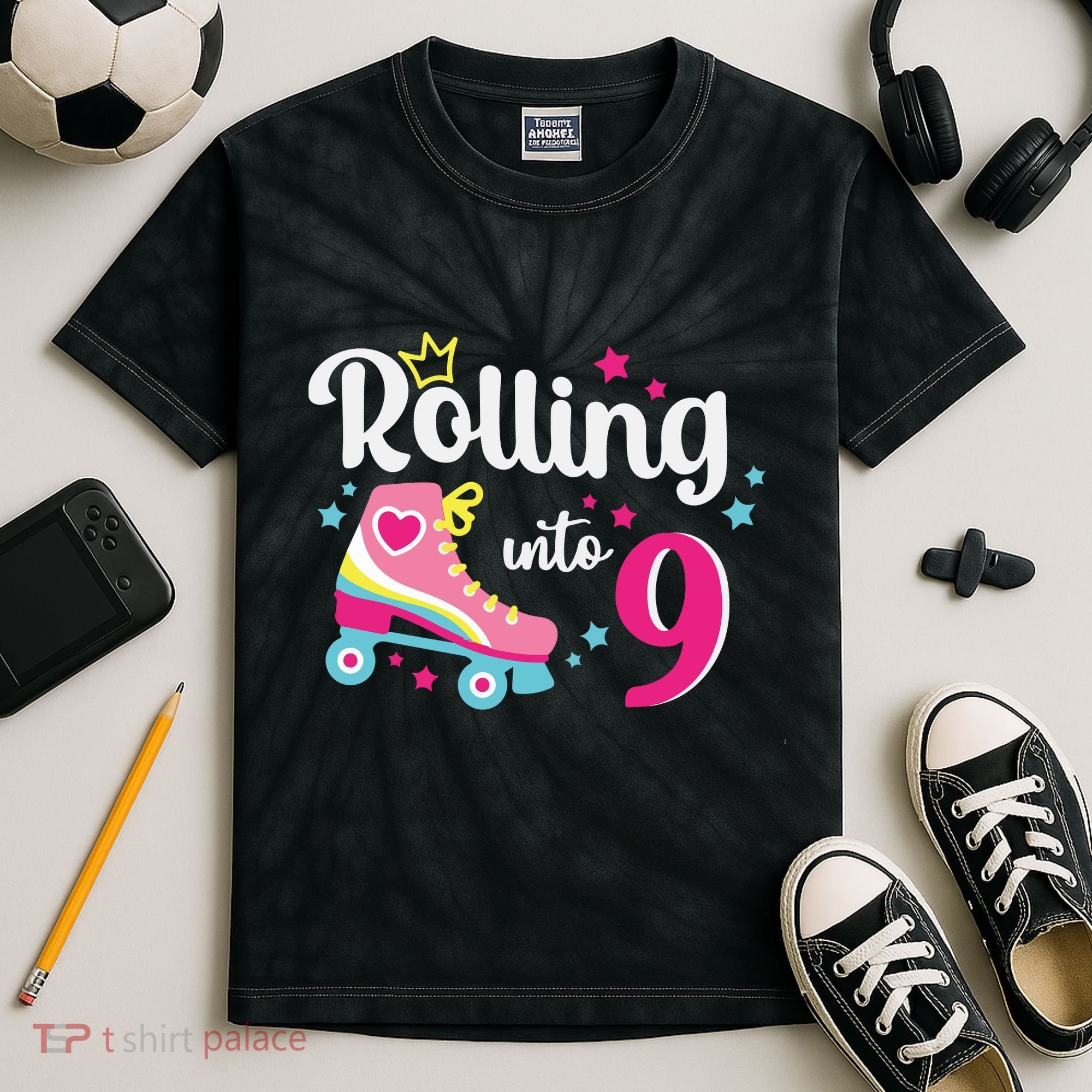 Rolling Into 9 Birthday Roller Skates 9th Birthday Kids Tie-Dye T-Shirt