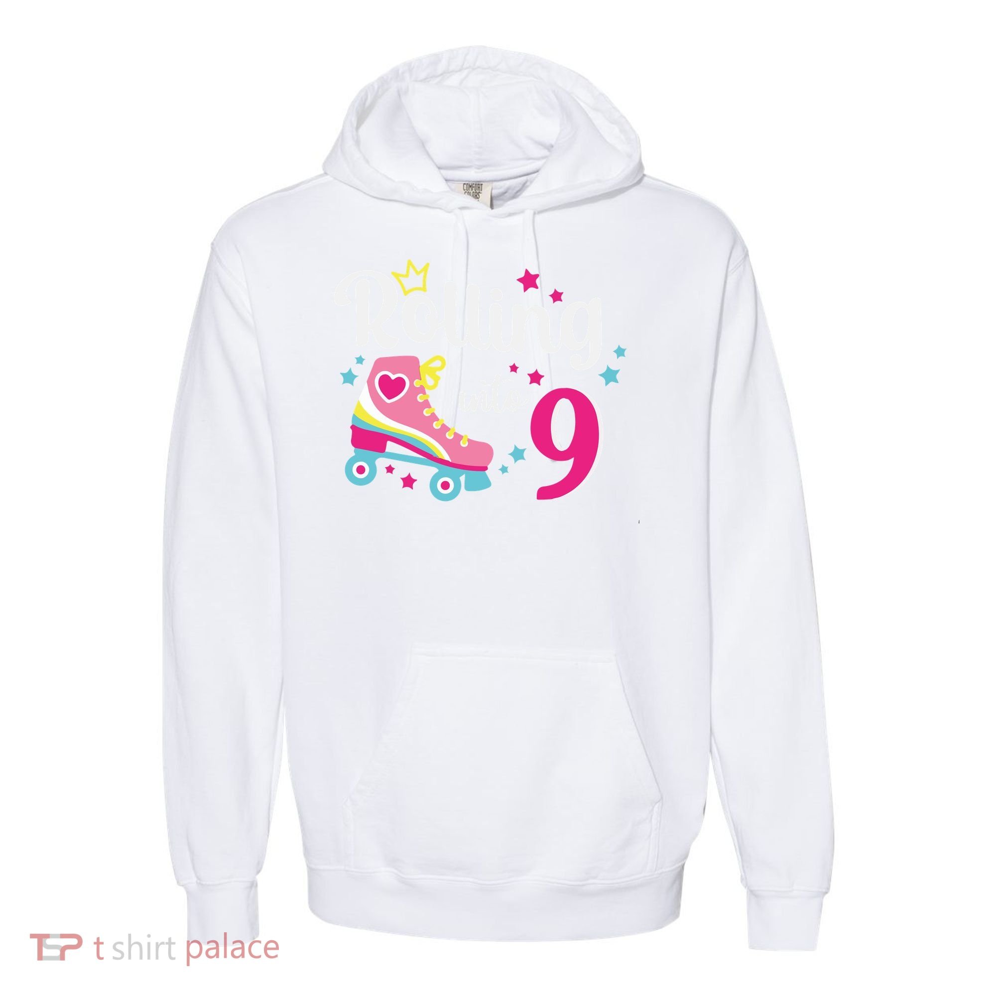 Rolling Into 9 Birthday Roller Skates 9th Birthday Comfort Colors Garment-Dyed Hooded Sweatshirt