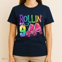 Rolling Into 9 Years Old Roller Skating Girl 9th Birthday T-Shirt thumb 4