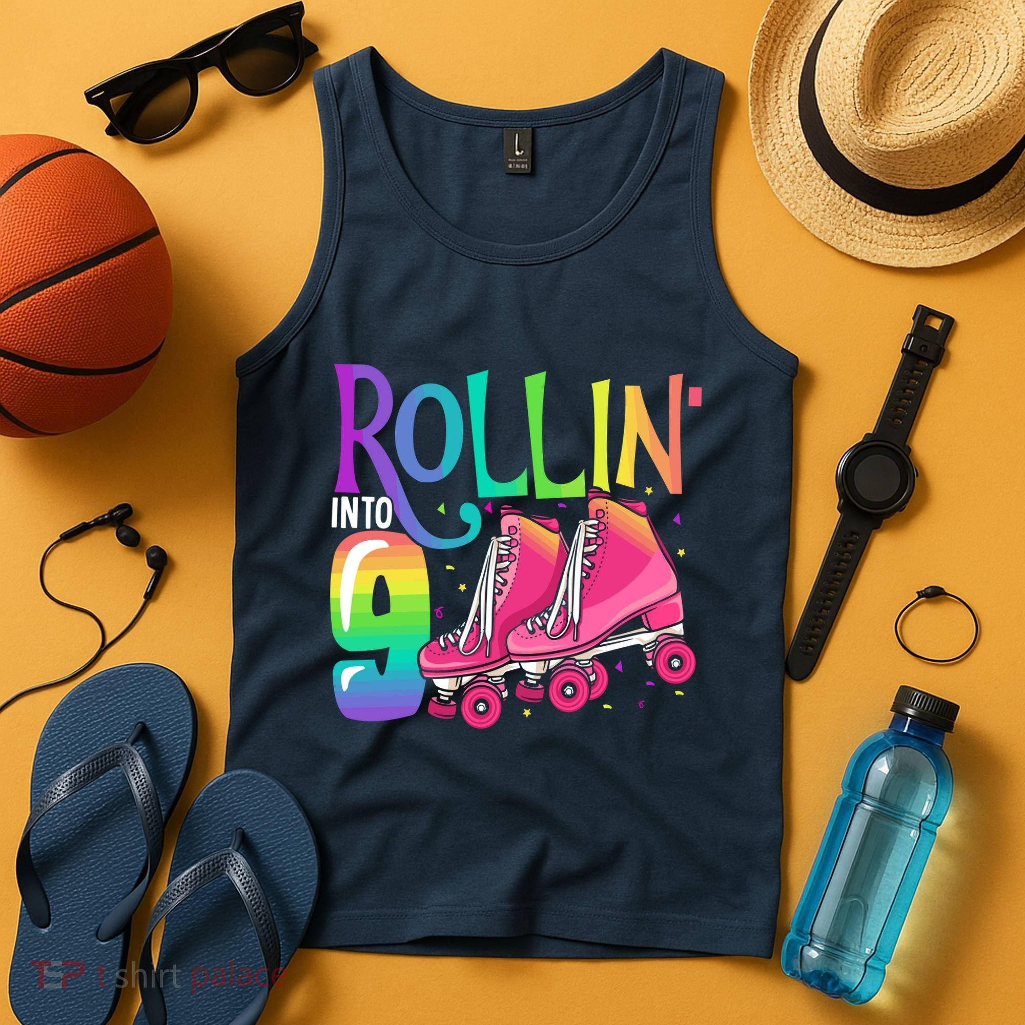 Rolling Into 9 Years Old Roller Skating Girl 9th Birthday Tank Top