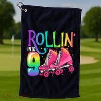 Rolling Into 9 Years Old Roller Skating Girl 9th Birthday Golf Towel thumb 1