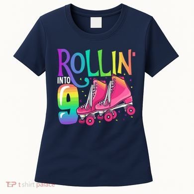 Rolling Into 9 Years Old Roller Skating Girl 9th Birthday Women's T-Shirt