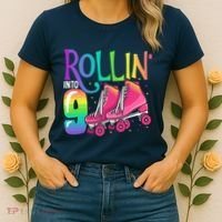 Rolling Into 9 Years Old Roller Skating Girl 9th Birthday Women's T-Shirt thumb 2