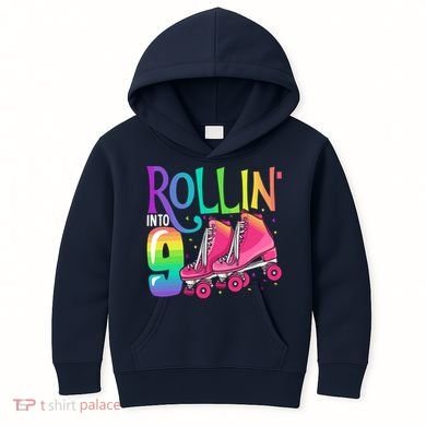 Rolling Into 9 Years Old Roller Skating Girl 9th Birthday Kids Hoodie