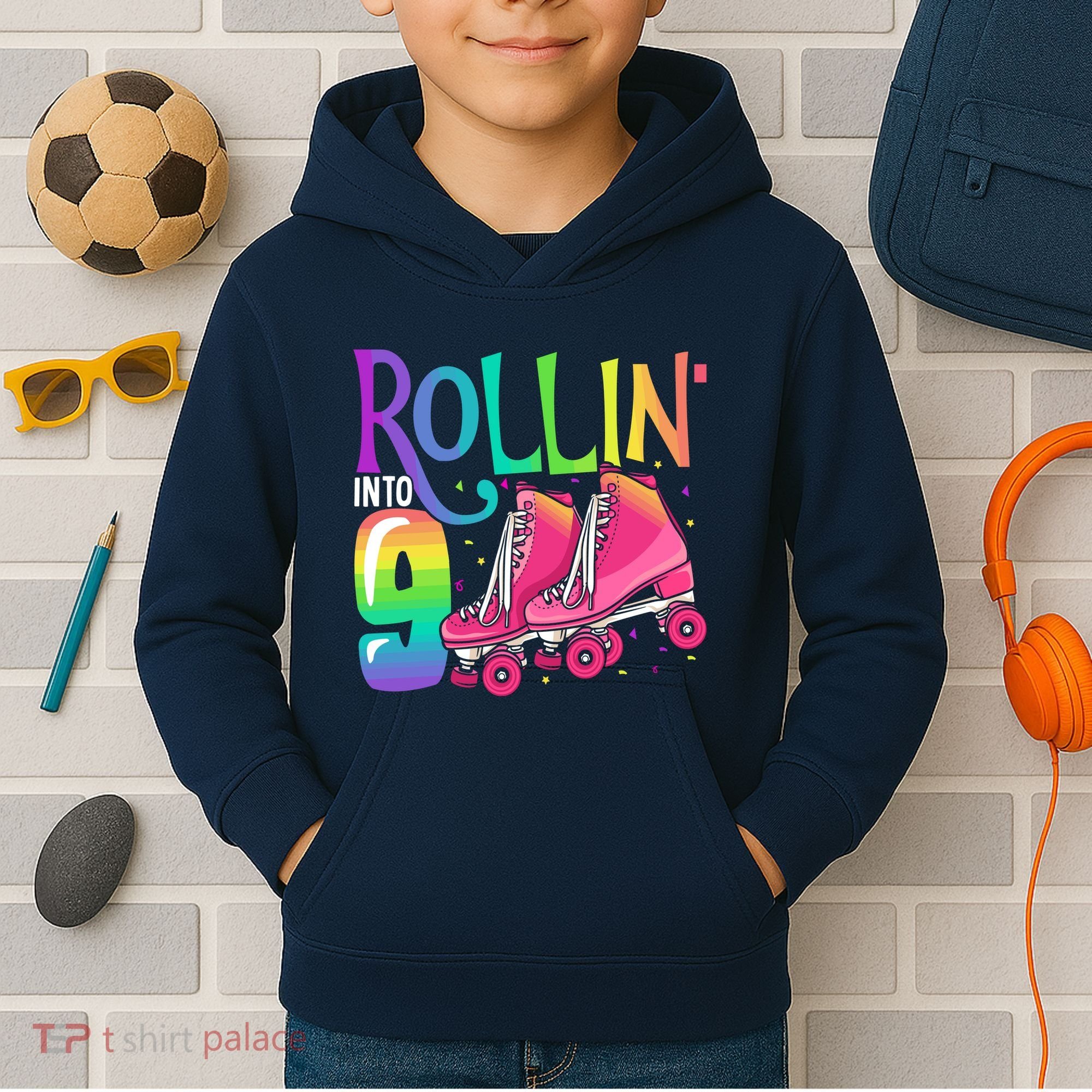 Rolling Into 9 Years Old Roller Skating Girl 9th Birthday Kids Hoodie