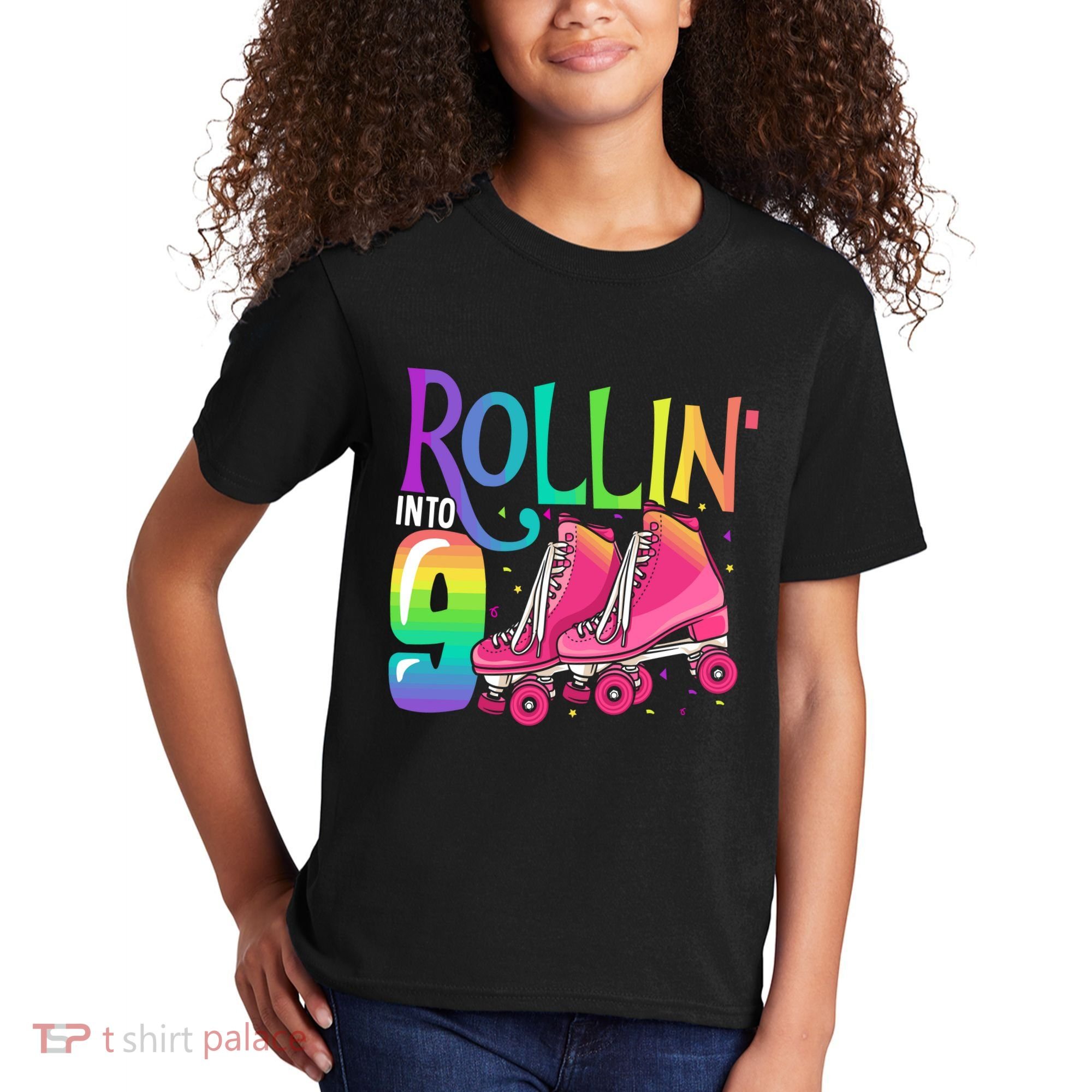 Rolling Into 9 Years Old Roller Skating Girl 9th Birthday Kids T-Shirt