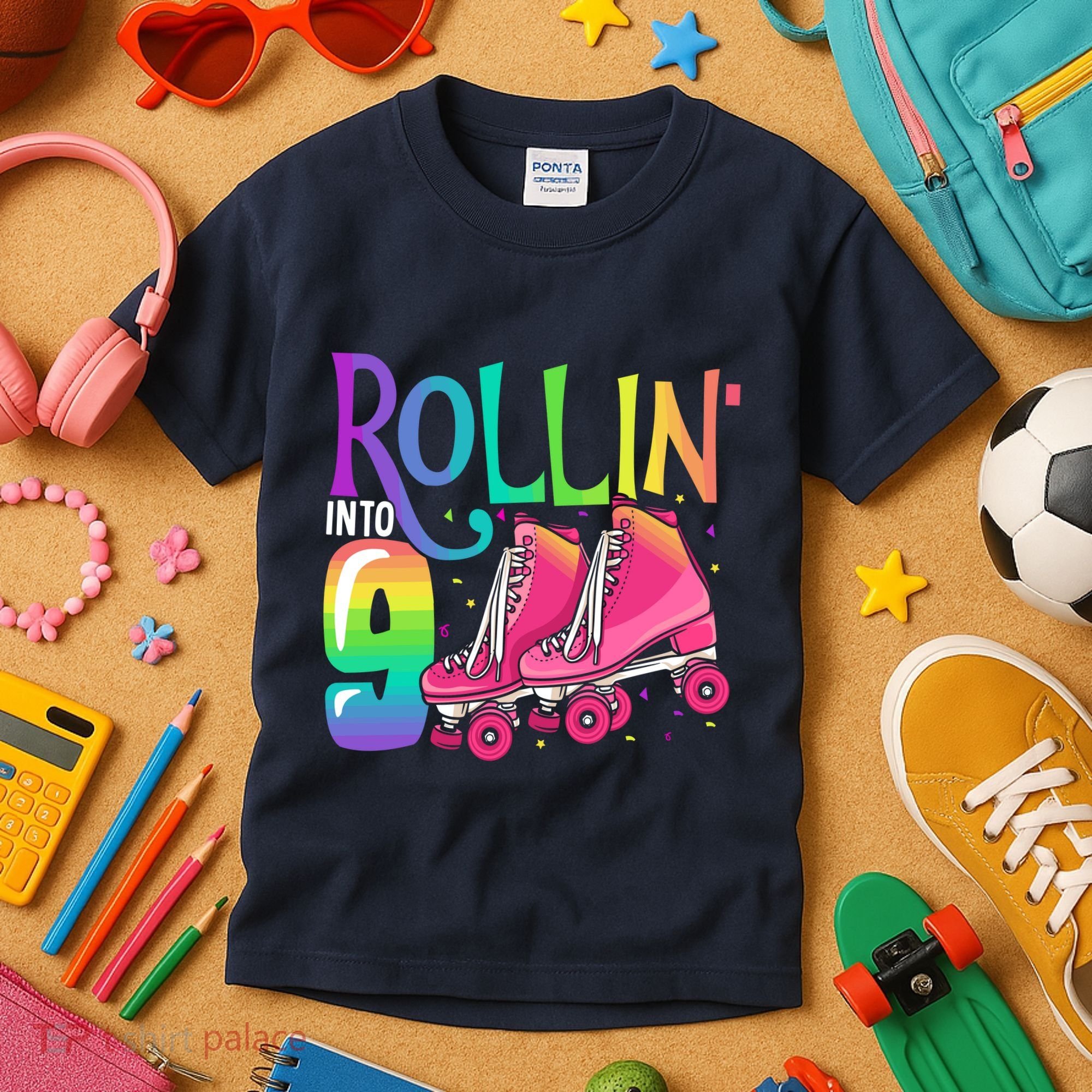 Rolling Into 9 Years Old Roller Skating Girl 9th Birthday Kids T-Shirt