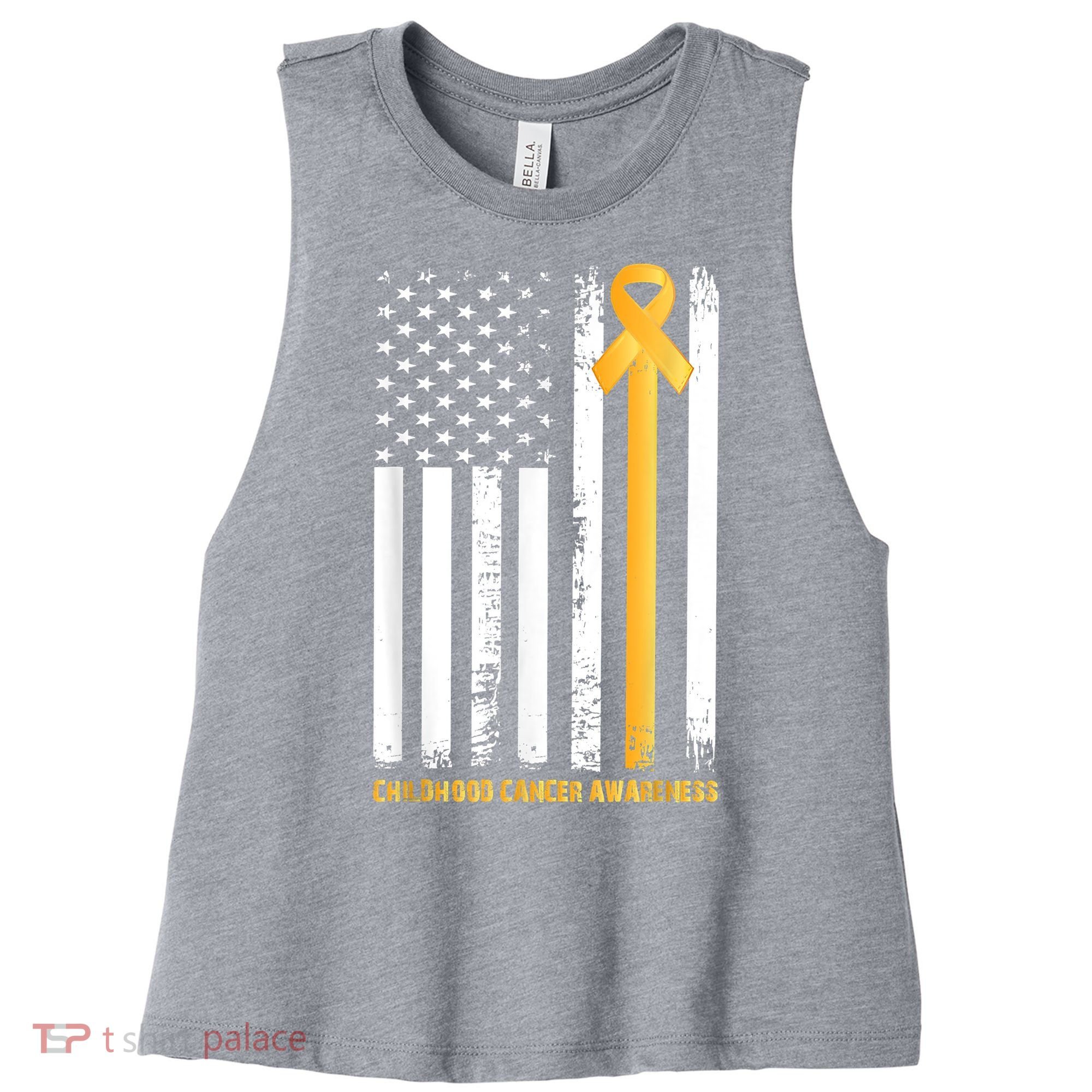 Ribbon In A Flag, Childhood Cancer Awareness Women's Racerback Cropped Tank